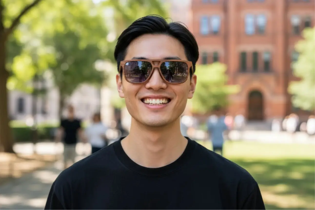 Man wearing Wildwood Aviators and a black shirt in an outdoor setting with trees and a building in the background