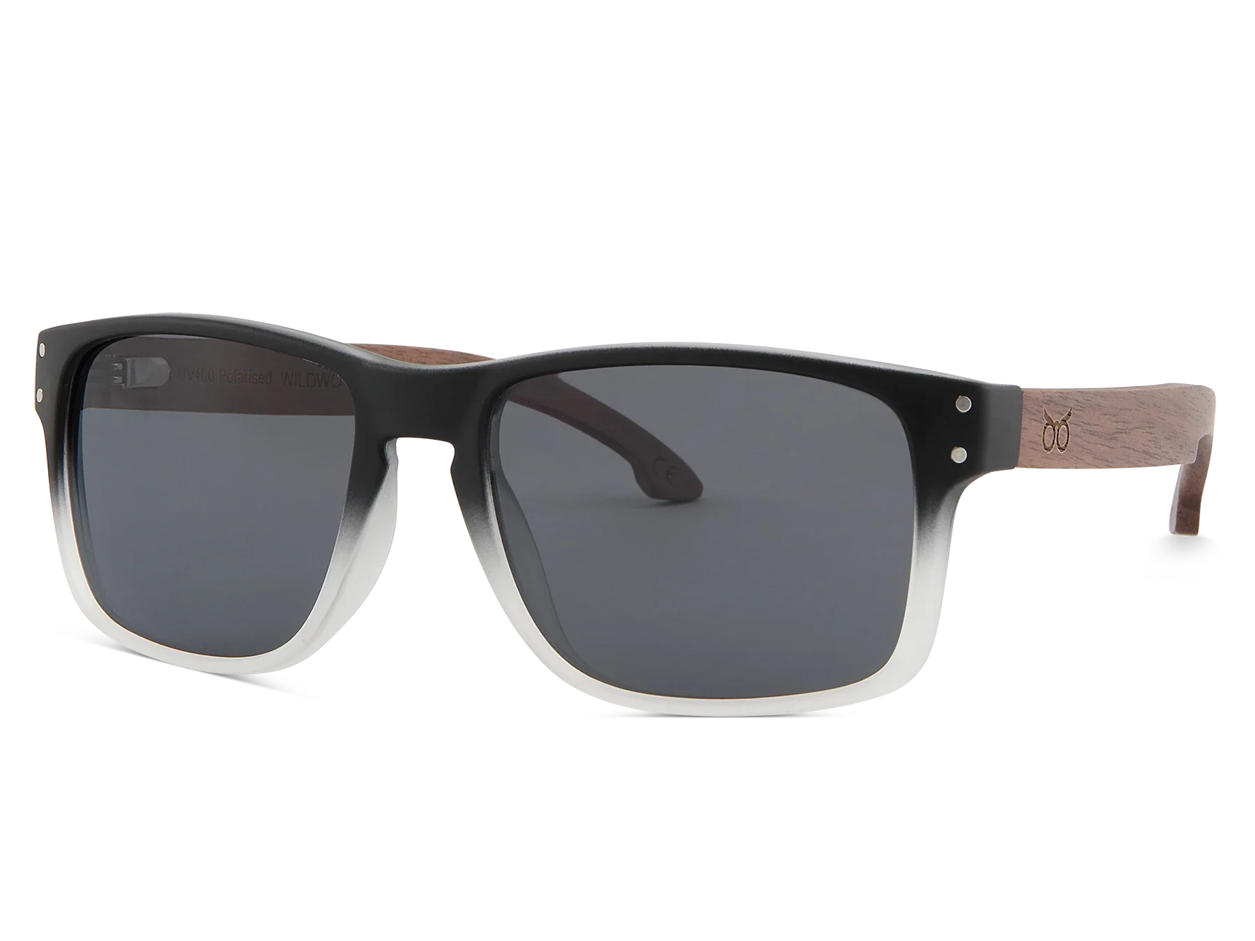 Sunglasses with black frame and dark lenses on a white background