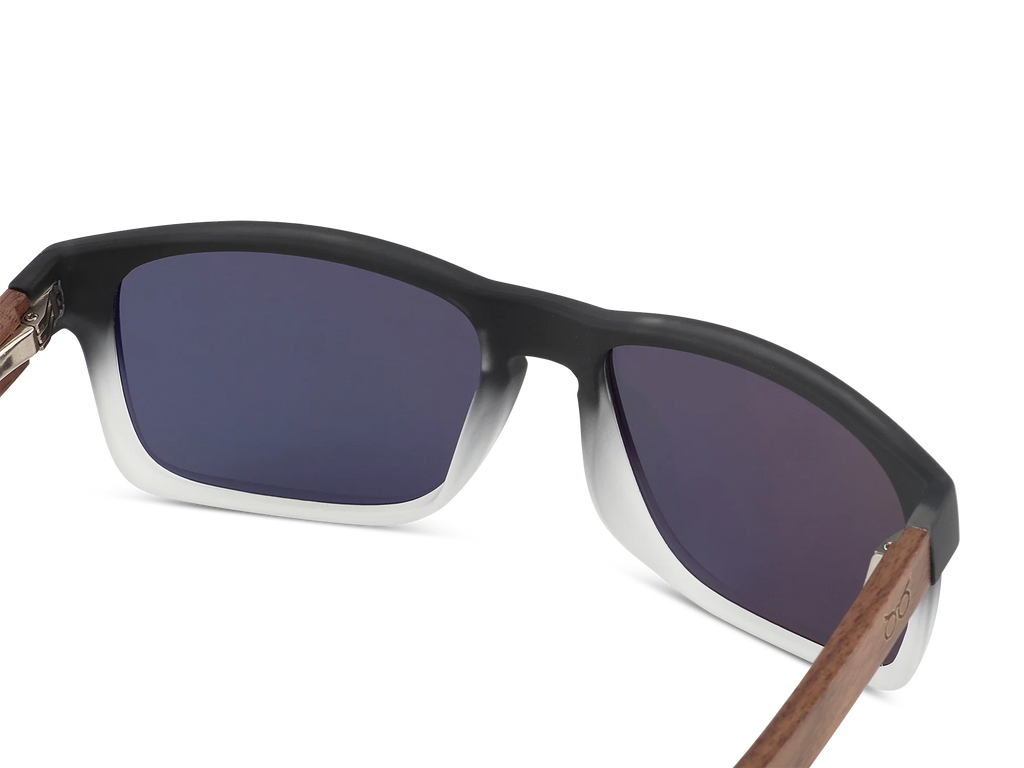 Sunglasses with black frame and wooden arms on a white background