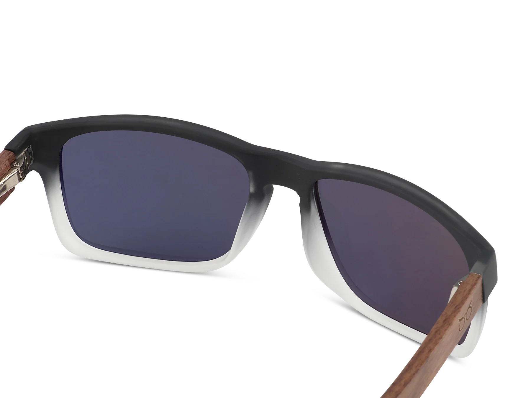 Sunglasses with black frame and wooden arms on a white background