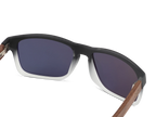 Sunglasses with black frame and wooden arms on a white background