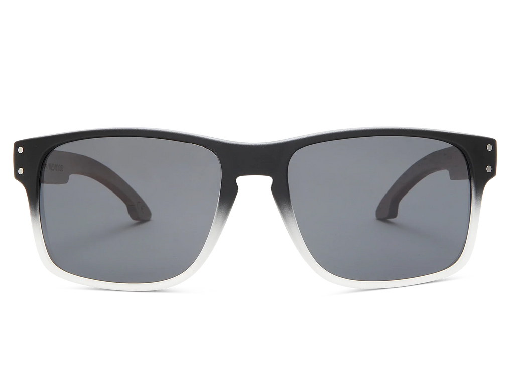 Black sunglasses with gray lenses on a white background