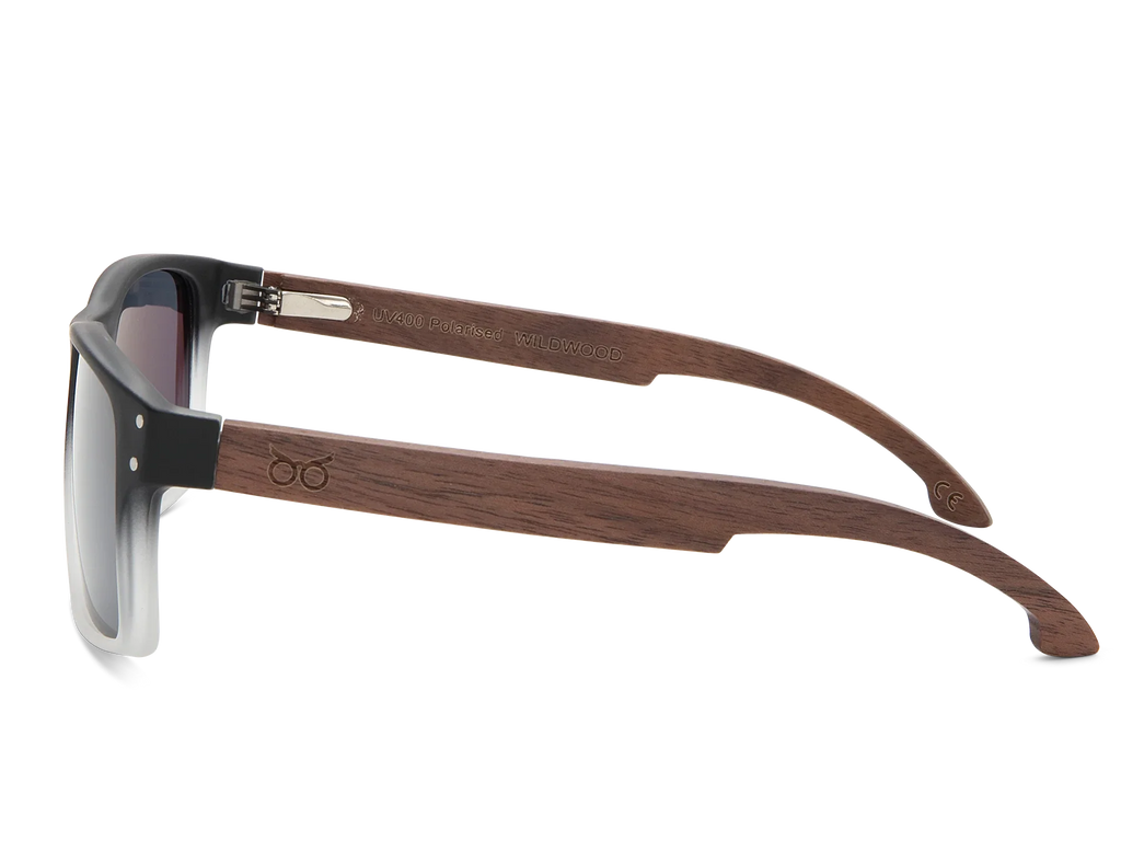 Sunglasses with wooden frame on a white background
