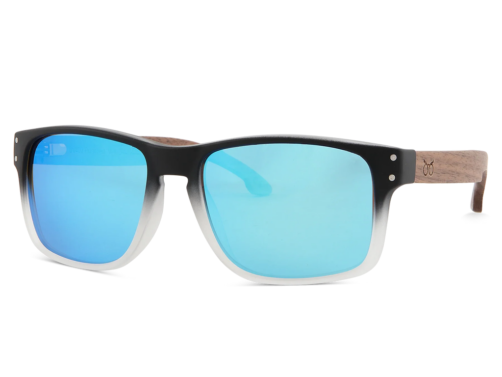 Sunglasses with blue lenses and black frame on a white background