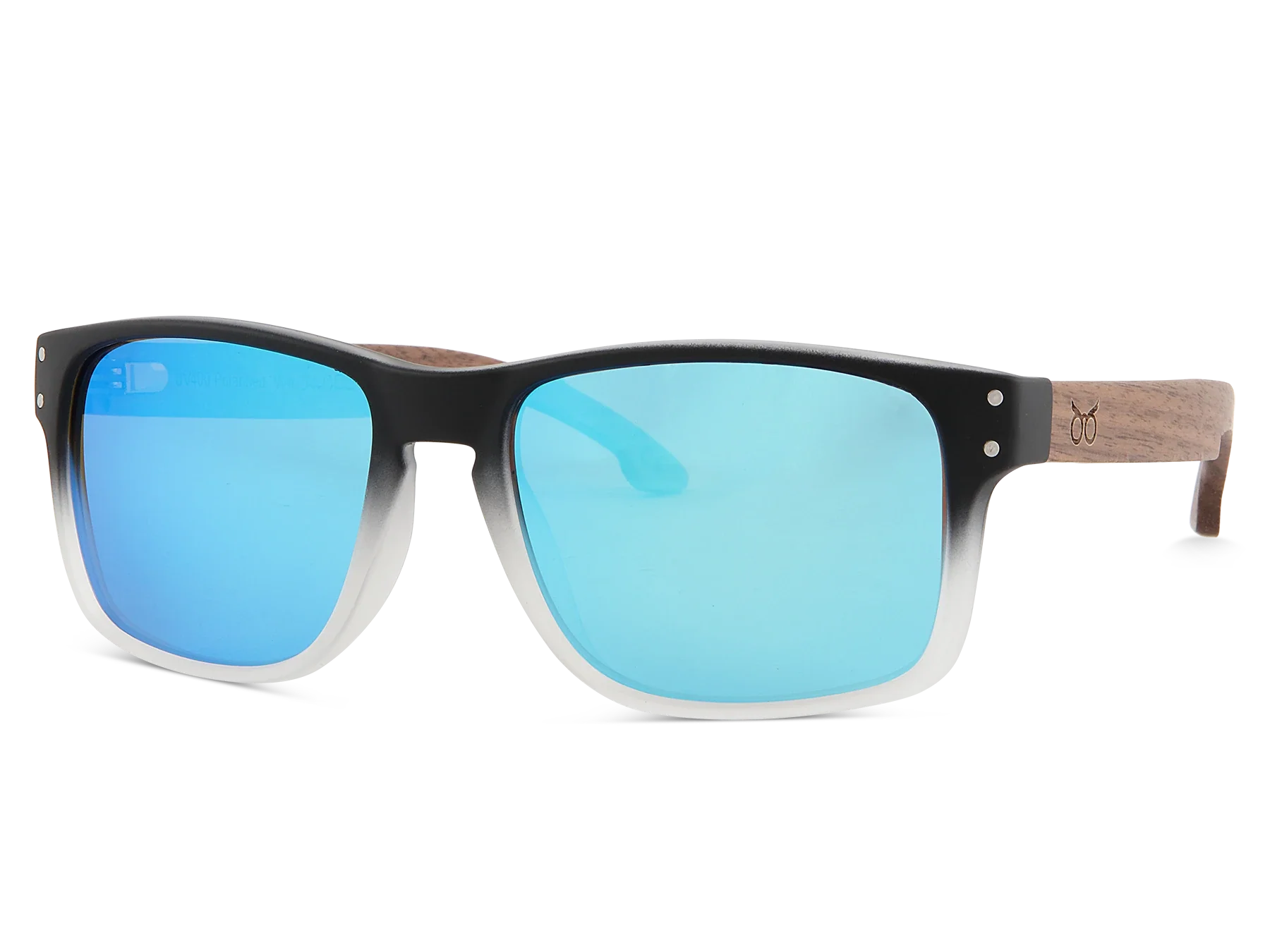 Sunglasses with blue lenses and black frame on a white background