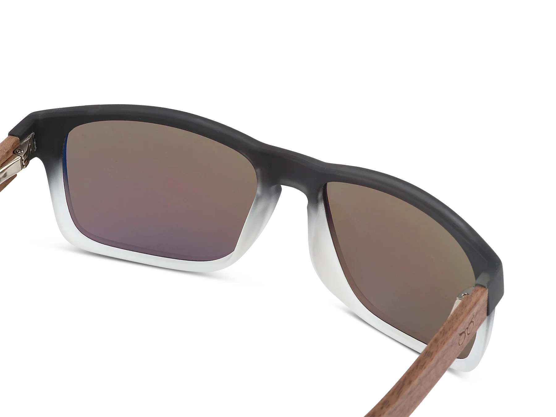 Sunglasses with brown gradient lenses and wooden arms on a white background