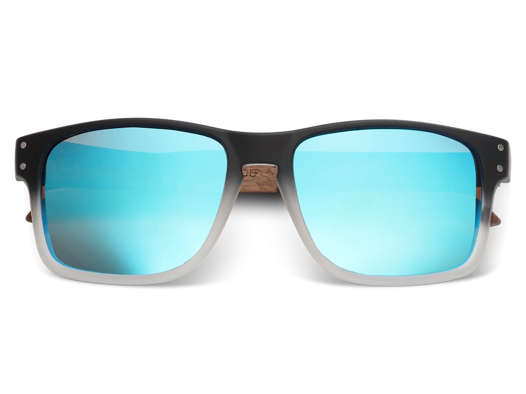 Sunglasses with black frame and blue mirrored lenses on a white background