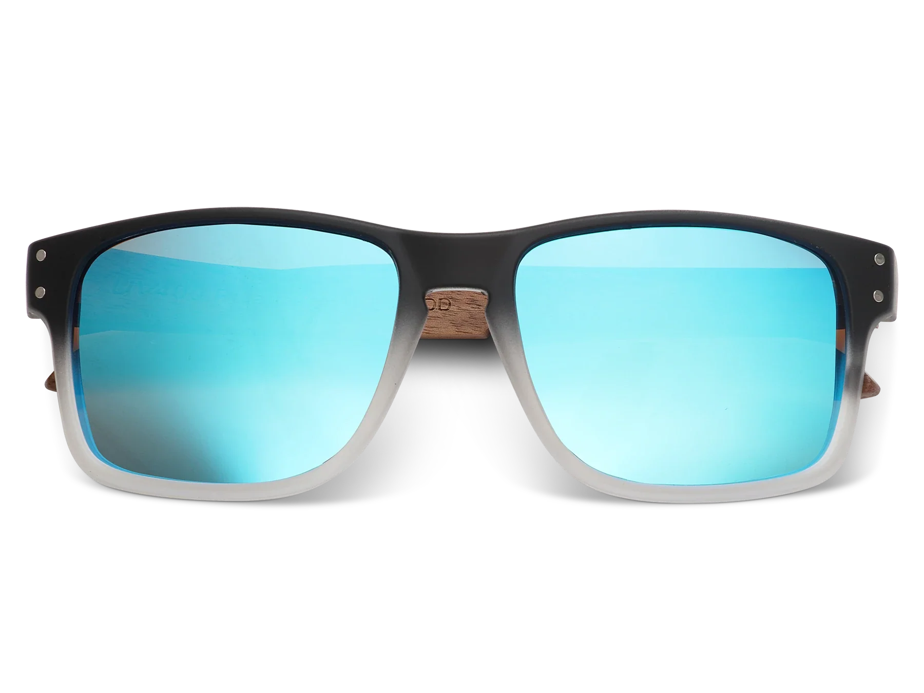 Sunglasses with black frame and blue mirrored lenses on a white background
