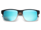 Sunglasses with black frame and blue mirrored lenses on a white background