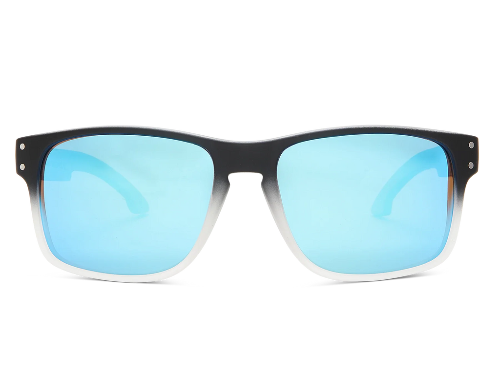 Sunglasses with black frame and blue-tinted lenses on a white background