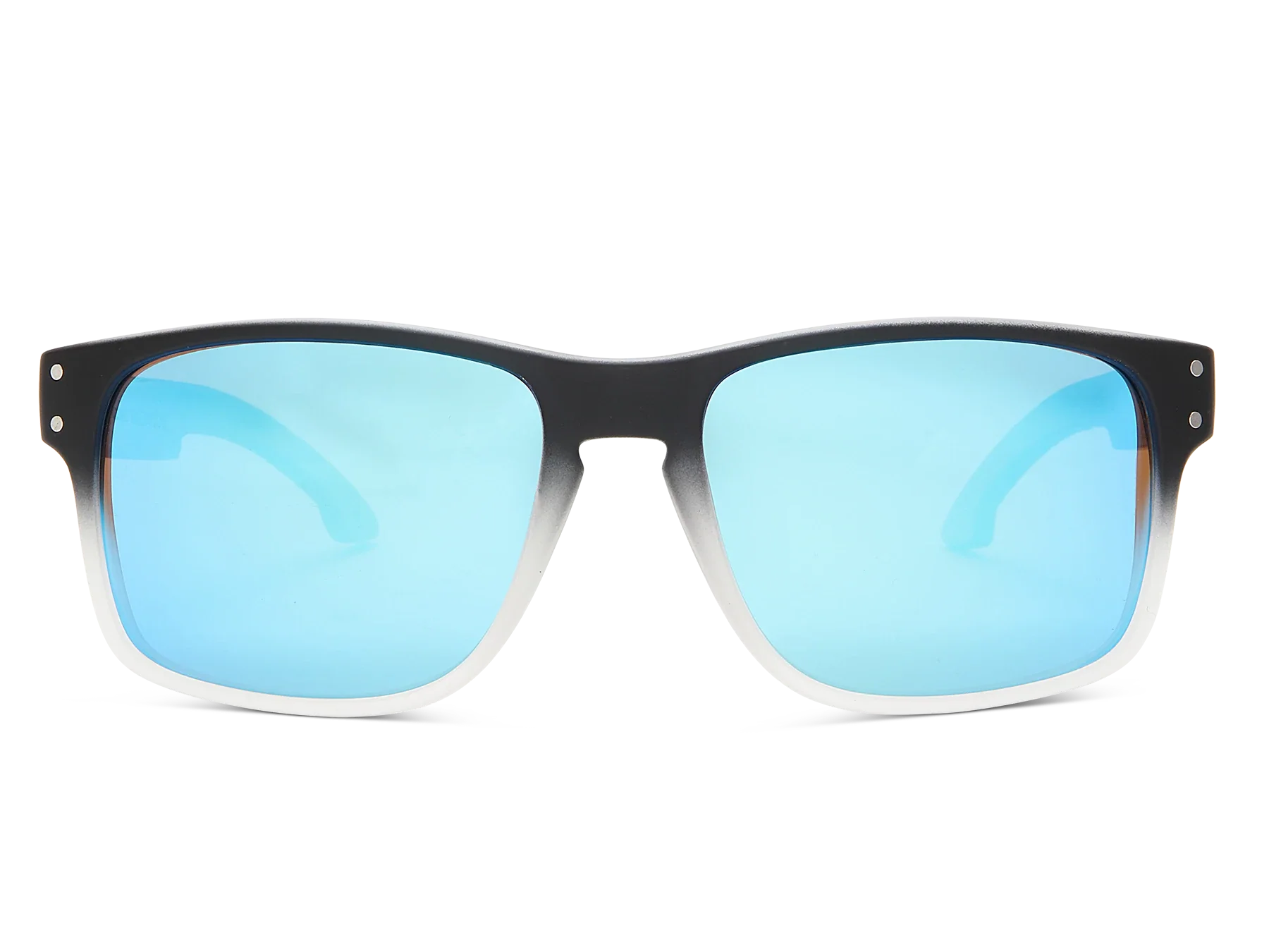 Sunglasses with black frame and blue-tinted lenses on a white background