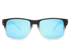 Sunglasses with black frame and blue-tinted lenses on a white background