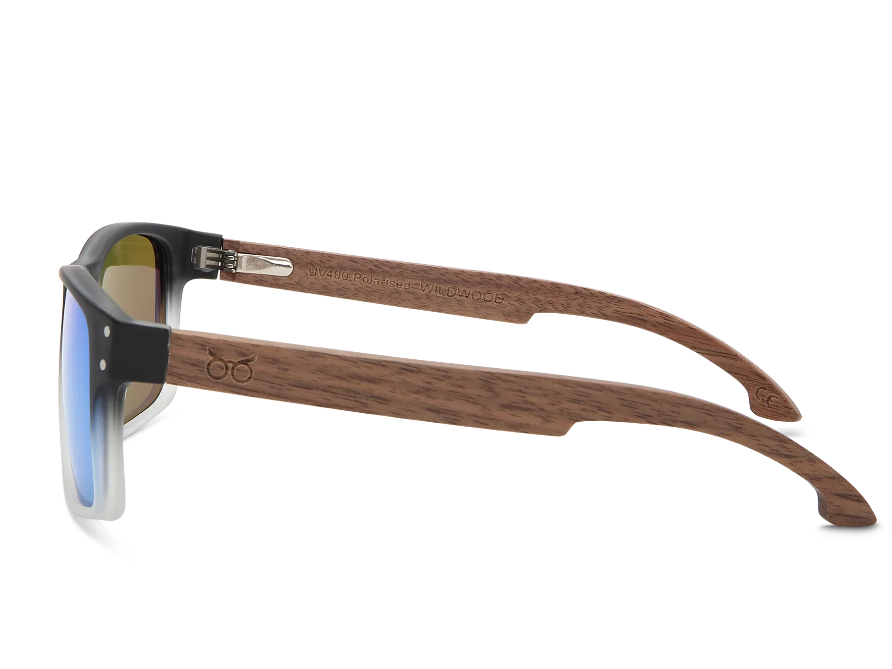 Sunglasses with wooden frame and reflective lenses on a white background