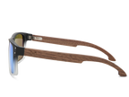 Sunglasses with wooden frame and reflective lenses on a white background