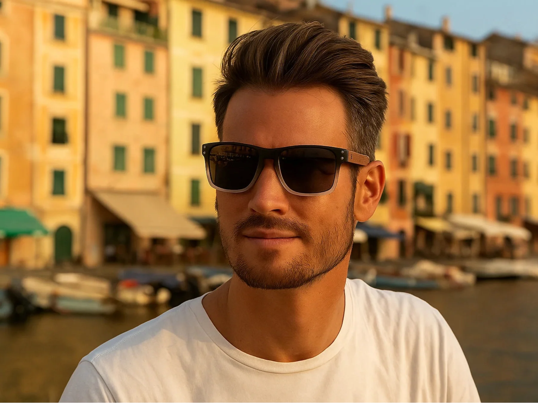 Man wearing sunglasses with a colorful building background