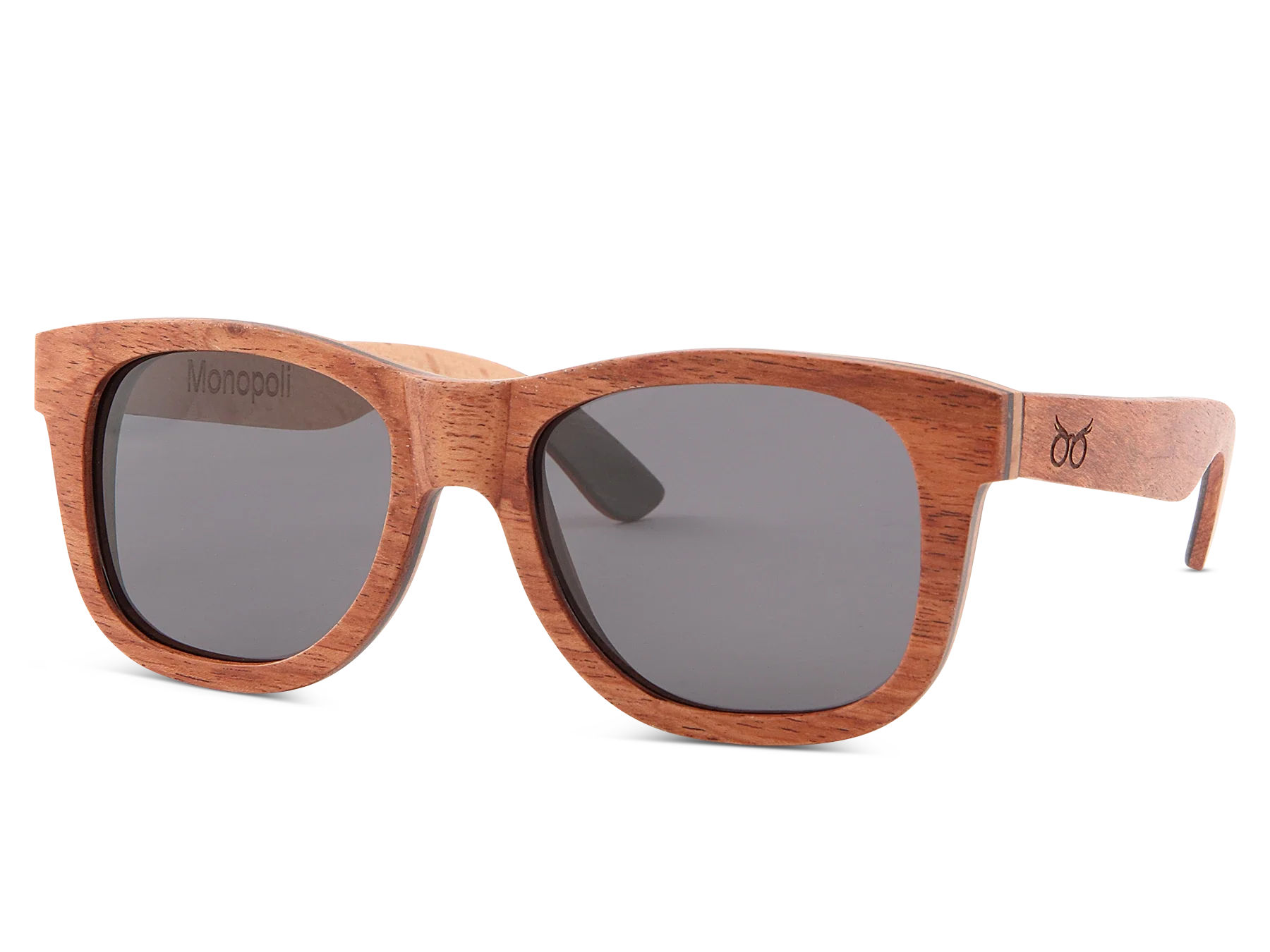 Wooden sunglasses with dark lenses on a white background