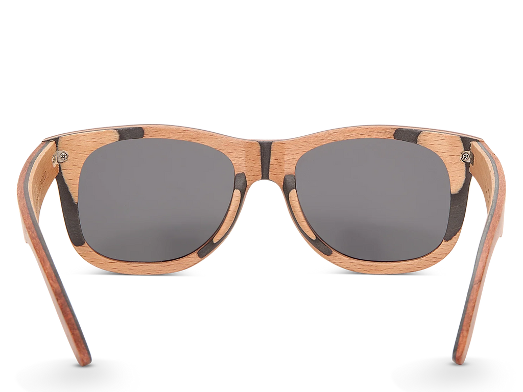 Wooden-framed sunglasses with dark lenses on a white background