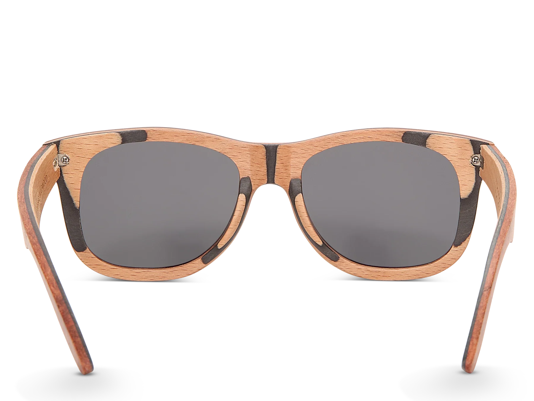 Wooden-framed sunglasses with dark lenses on a white background