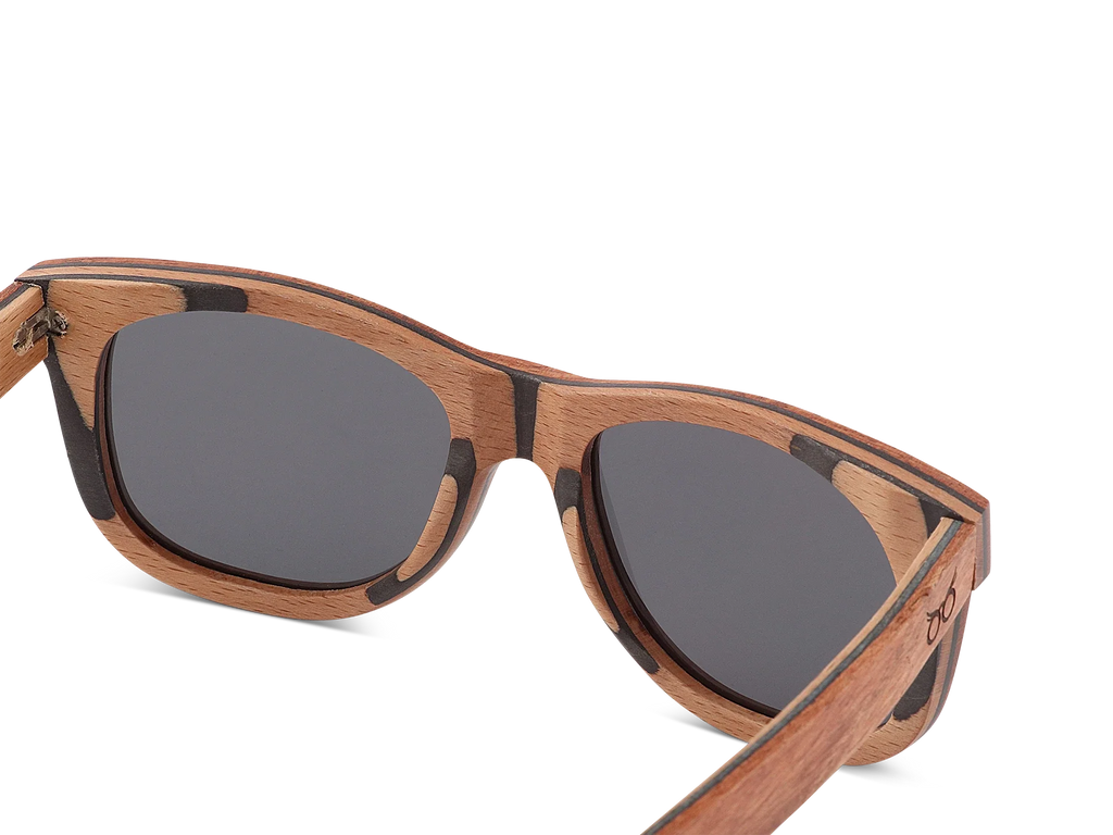 Wooden-framed sunglasses with dark lenses on a white background
