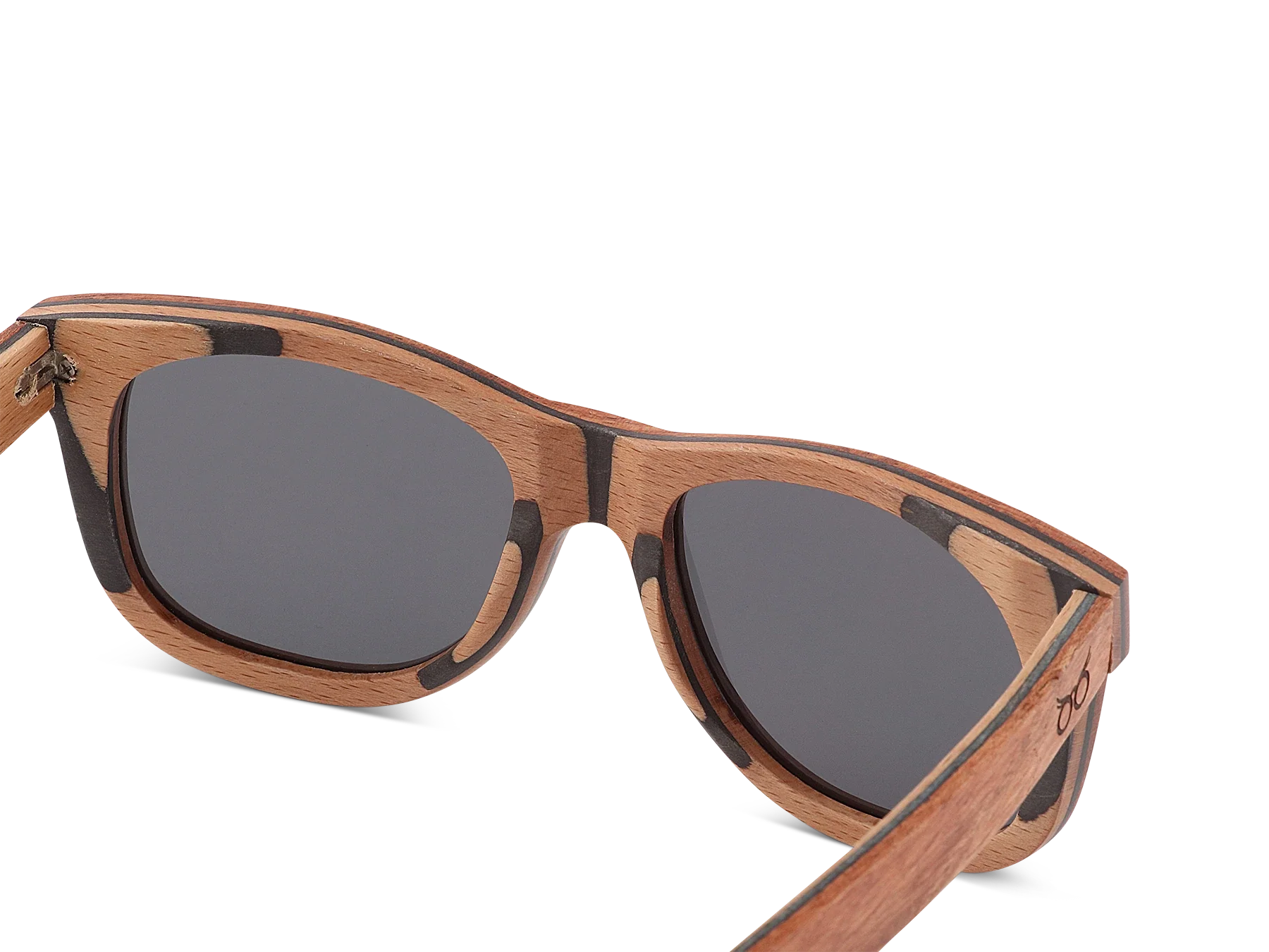 Wooden-framed sunglasses with dark lenses on a white background