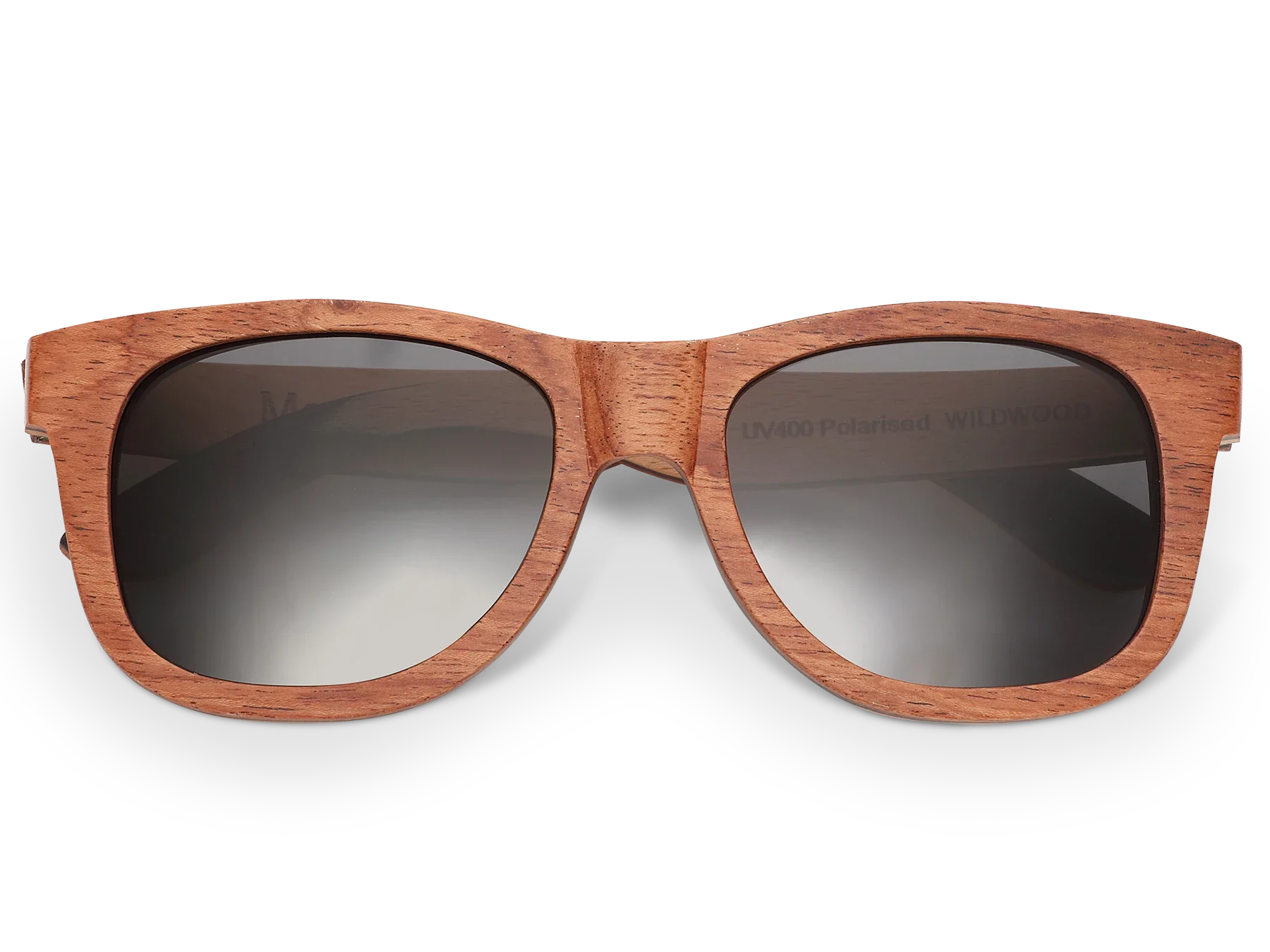 Wooden sunglasses with dark lenses on a white background
