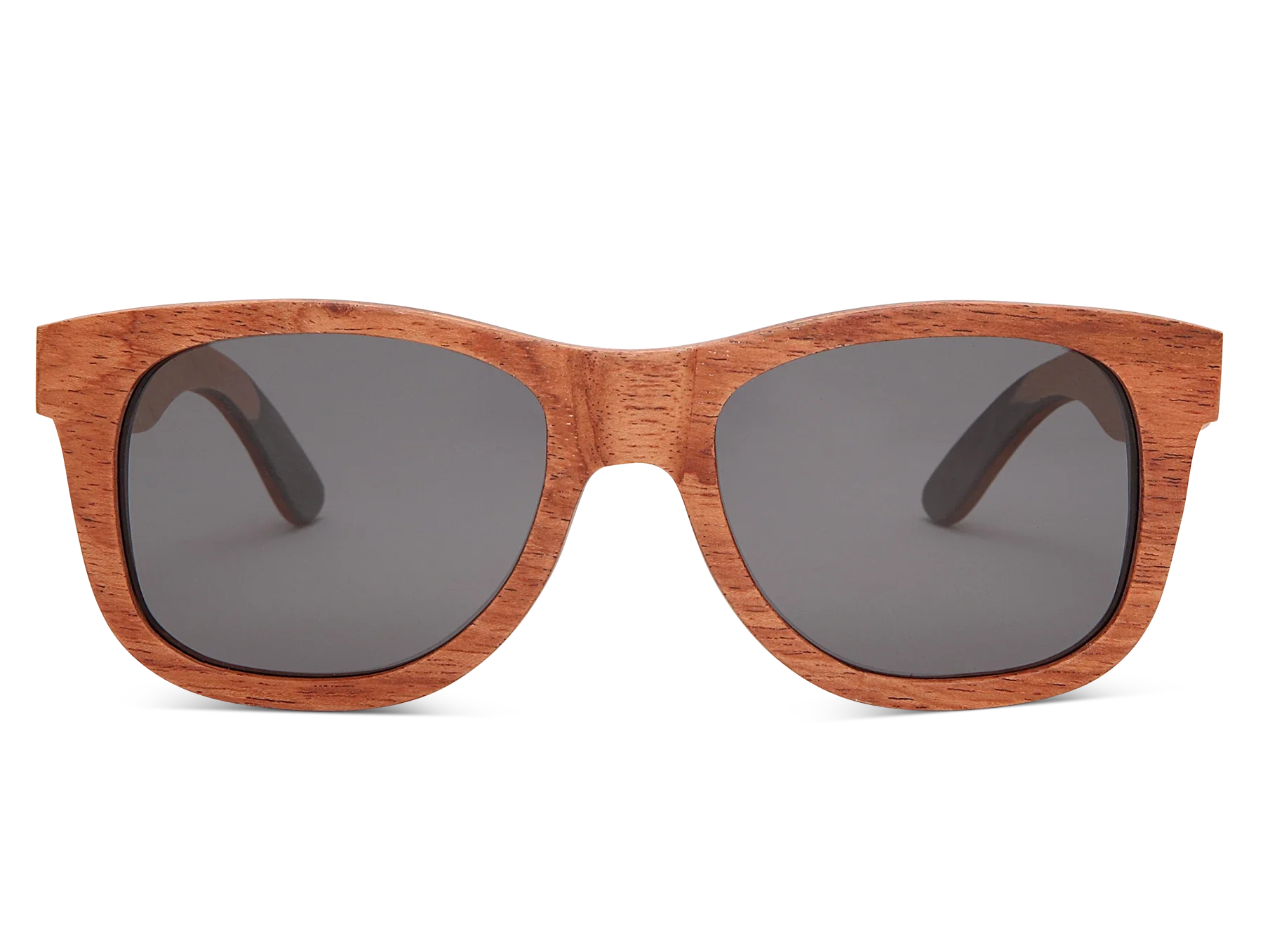 Wooden sunglasses with dark lenses on a white background