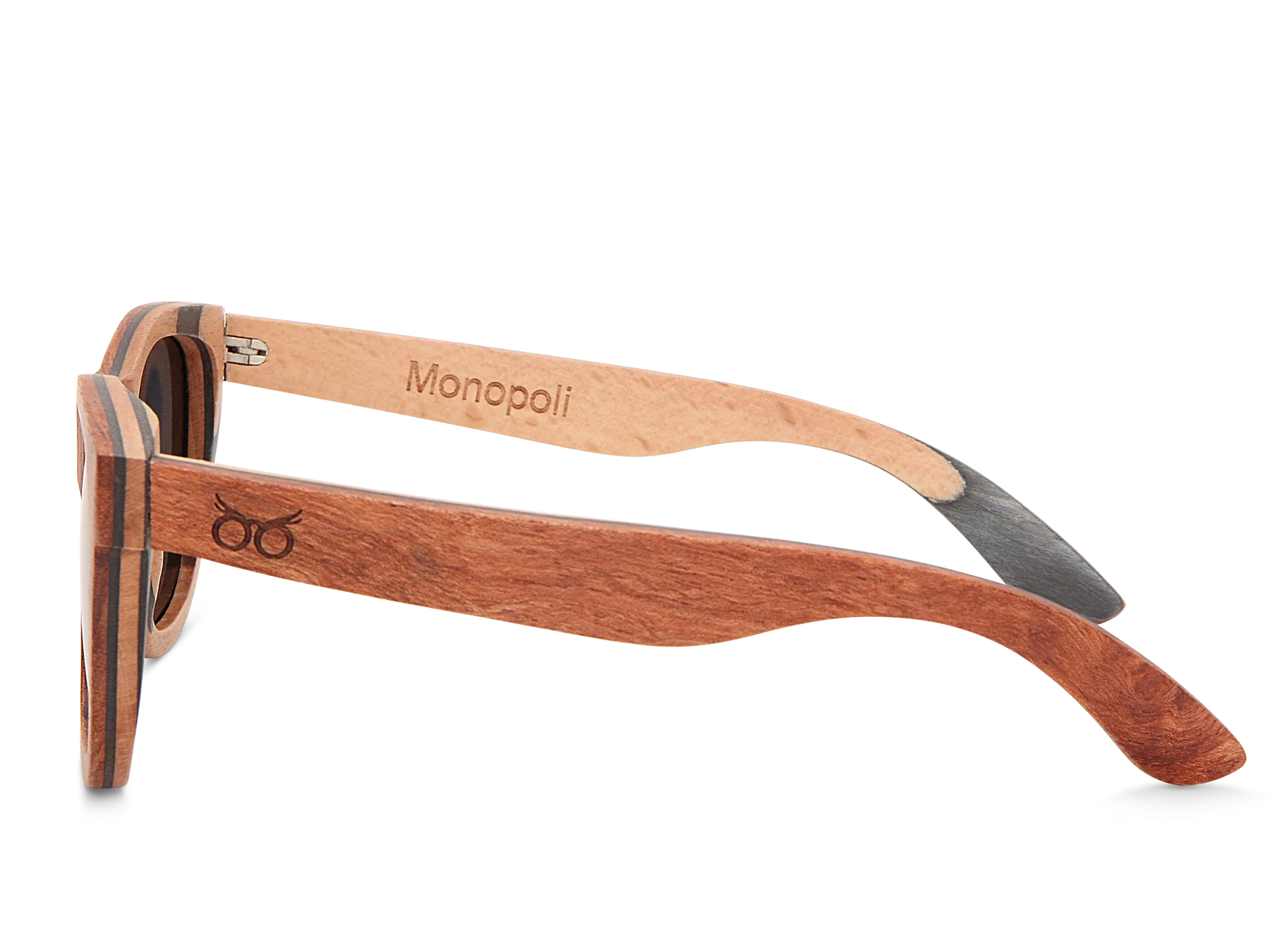 Wooden sunglasses with 'Monopoli' branding on a white background