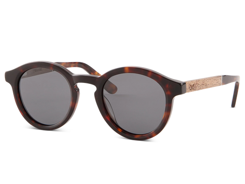 Sunglasses with tortoiseshell frame and dark lenses on a white background