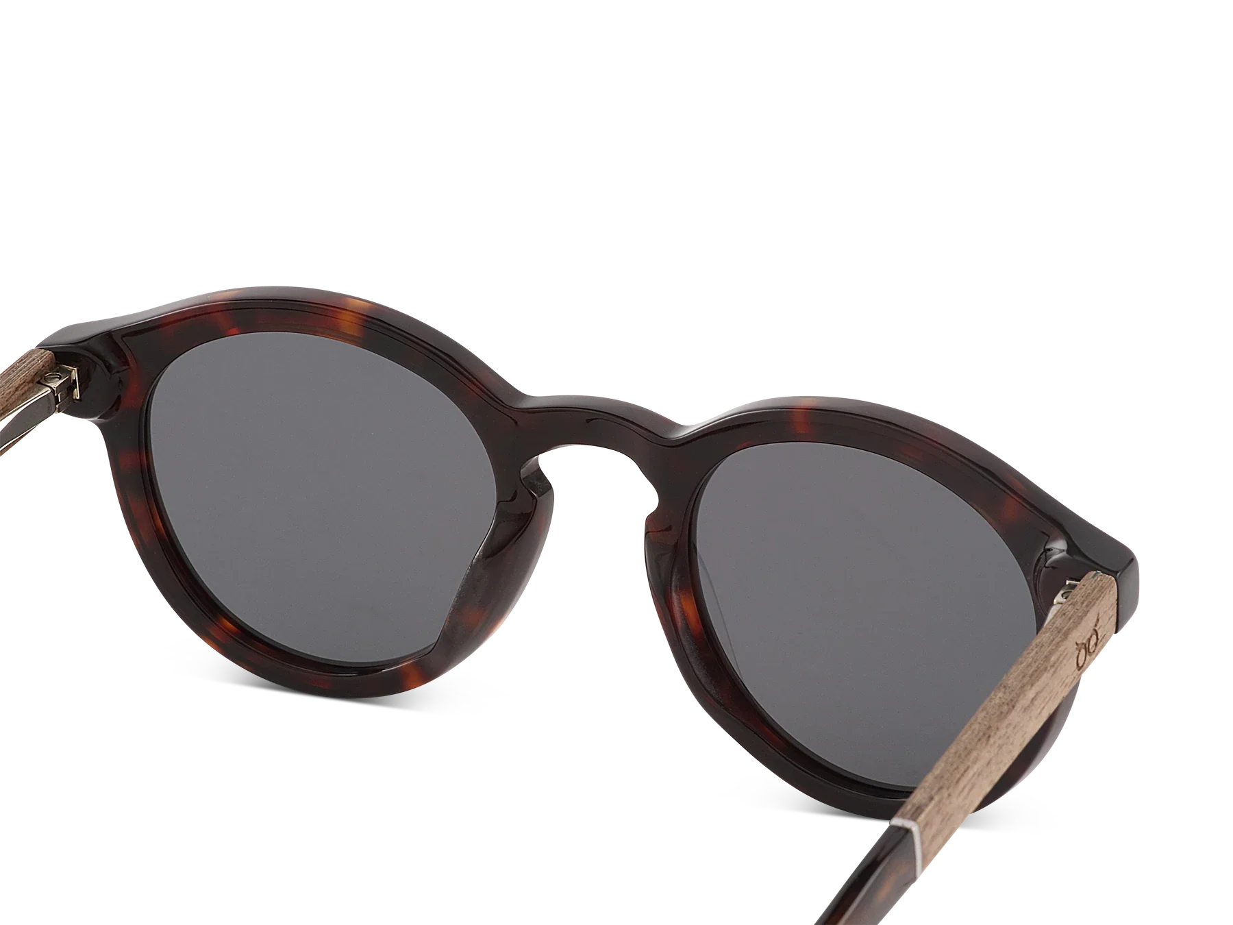 Sunglasses with tortoiseshell frame and dark lenses on a white background