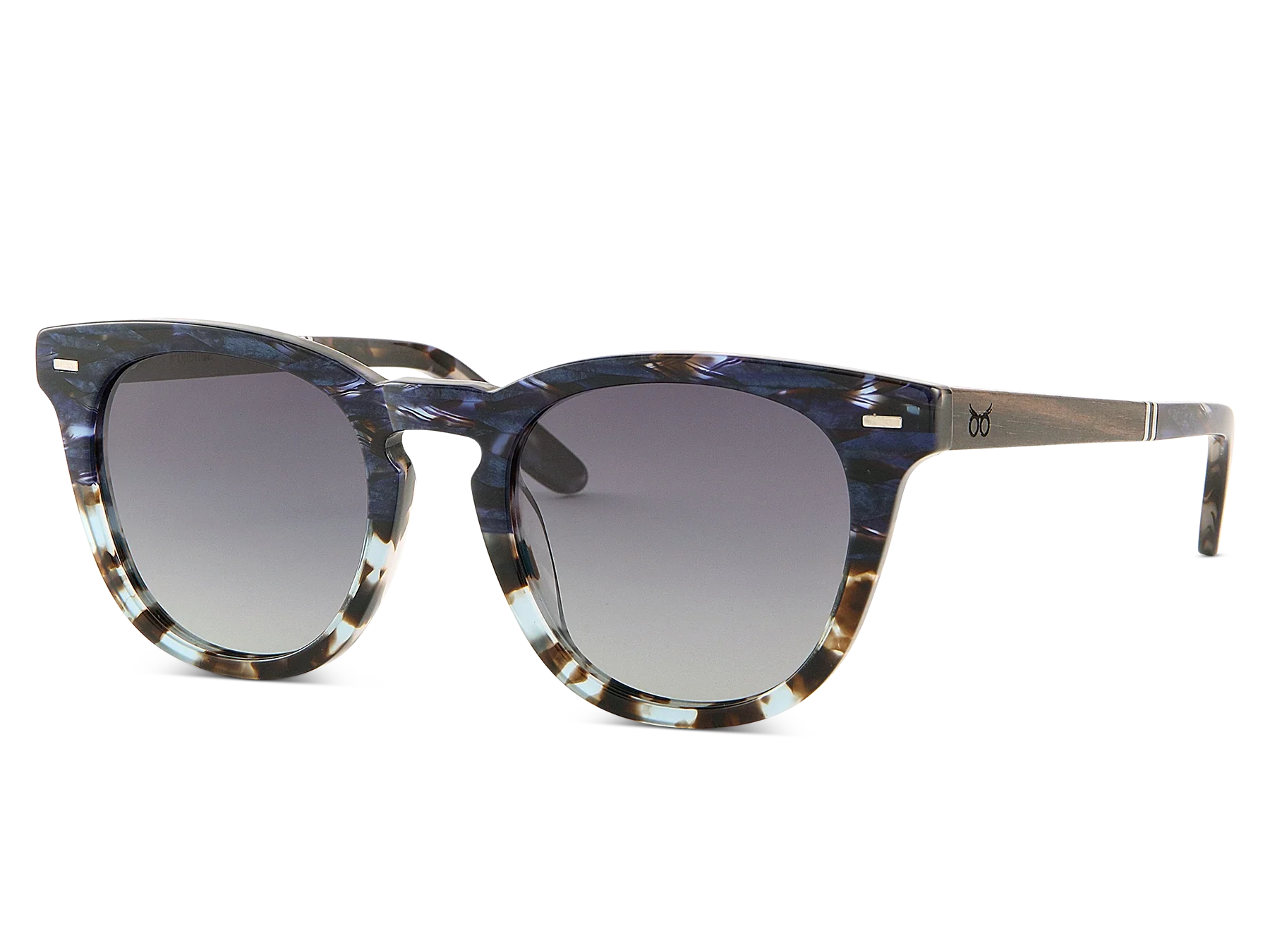 Sunglasses with tortoiseshell frame and dark lenses on a white background