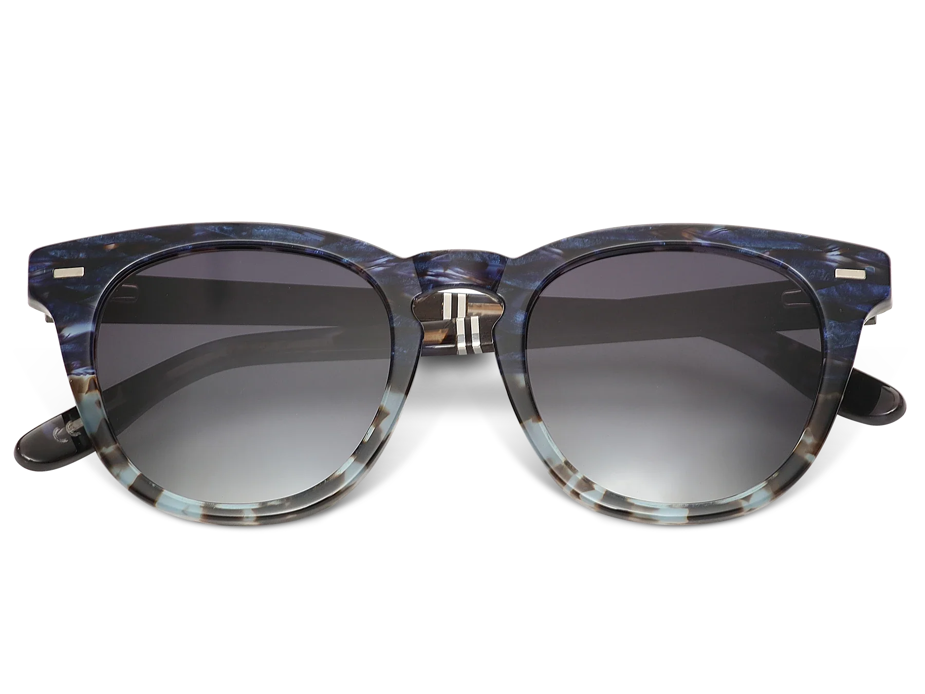 Sunglasses with blue tortoiseshell frame and dark lenses on a white background