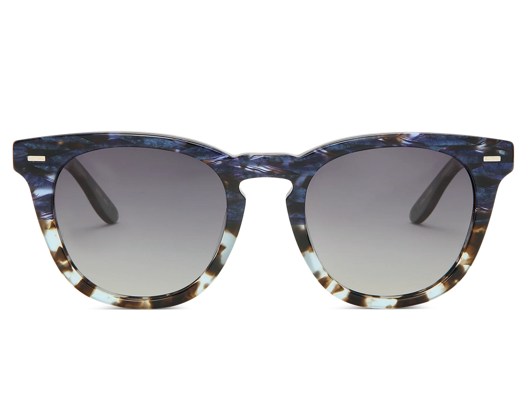 Sunglasses with blue and brown tortoiseshell frame on a white background