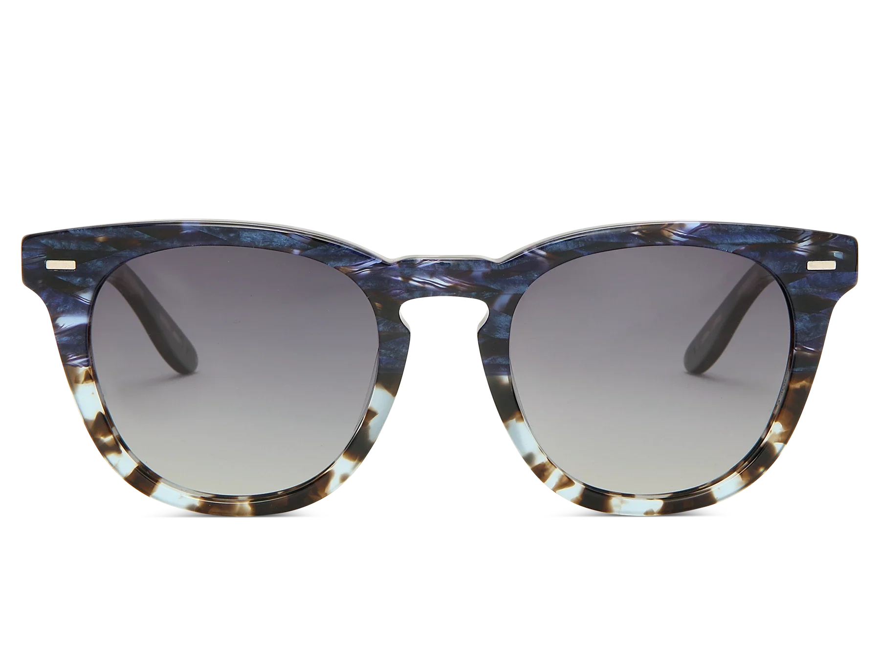 Sunglasses with blue and brown tortoiseshell frame on a white background