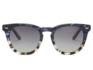 Sunglasses with blue and brown tortoiseshell frame on a white background