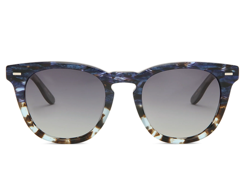Sunglasses with blue and brown tortoiseshell frame on a white background
