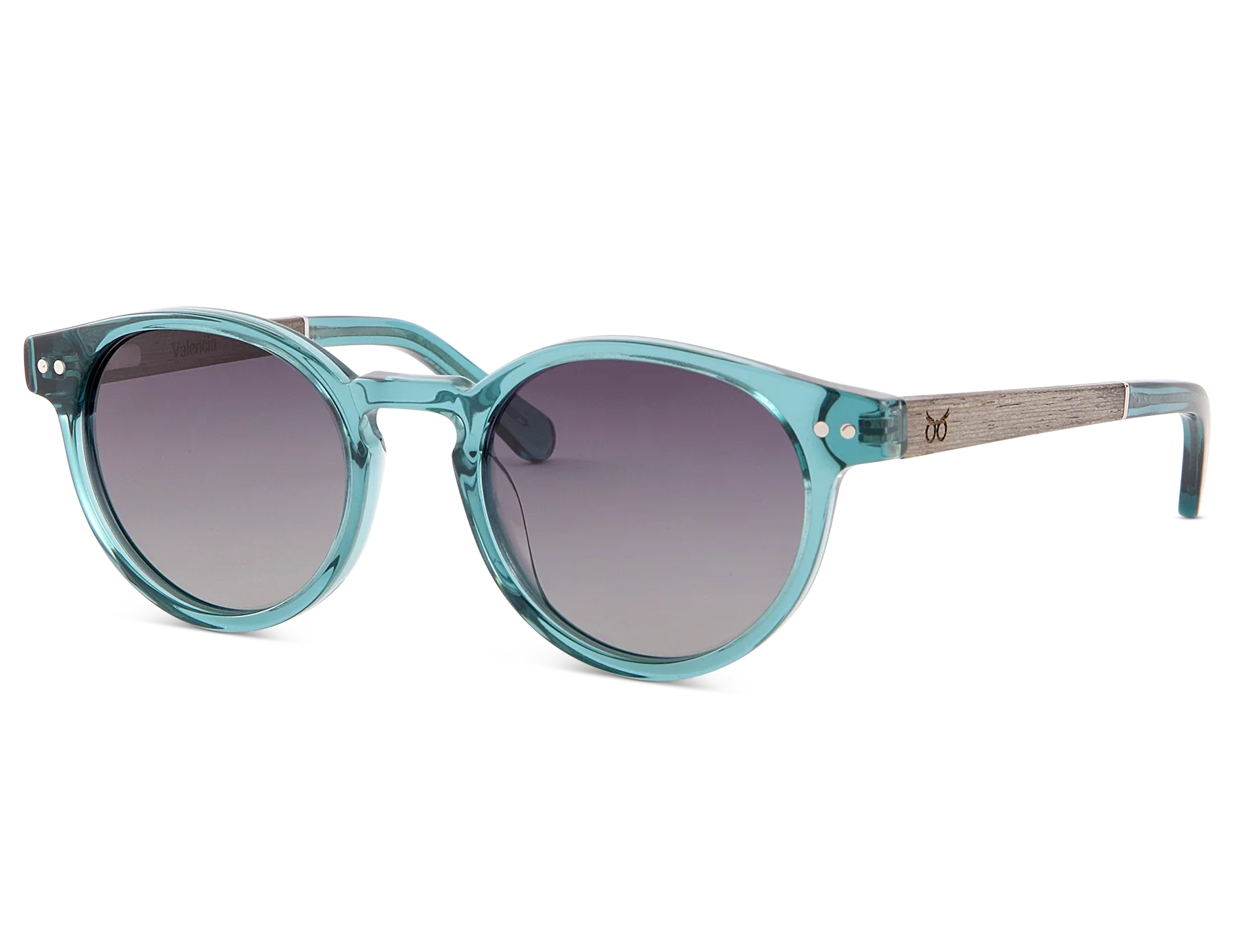 Teal sunglasses with a white background
