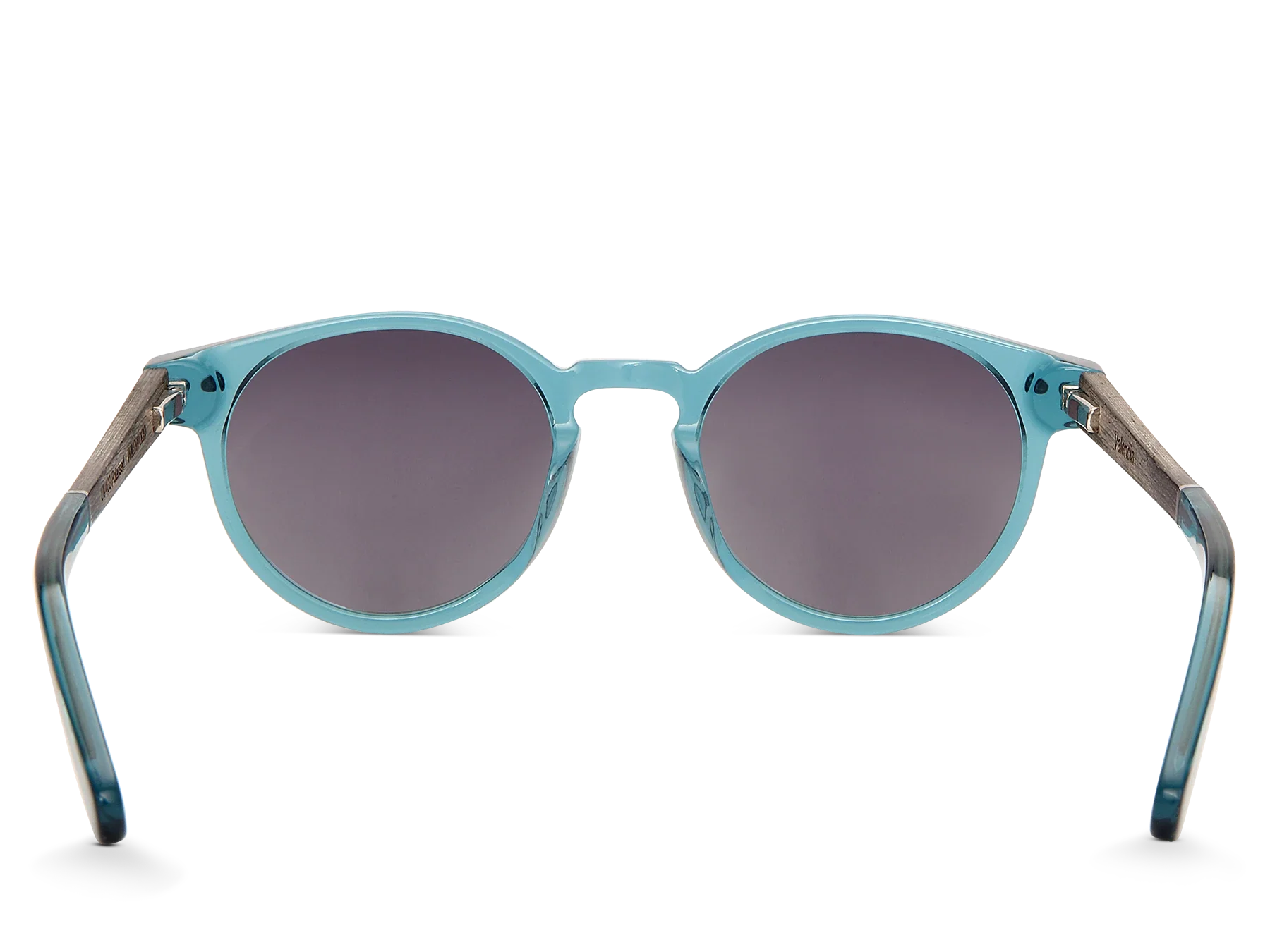 Blue sunglasses with dark lenses on a white background