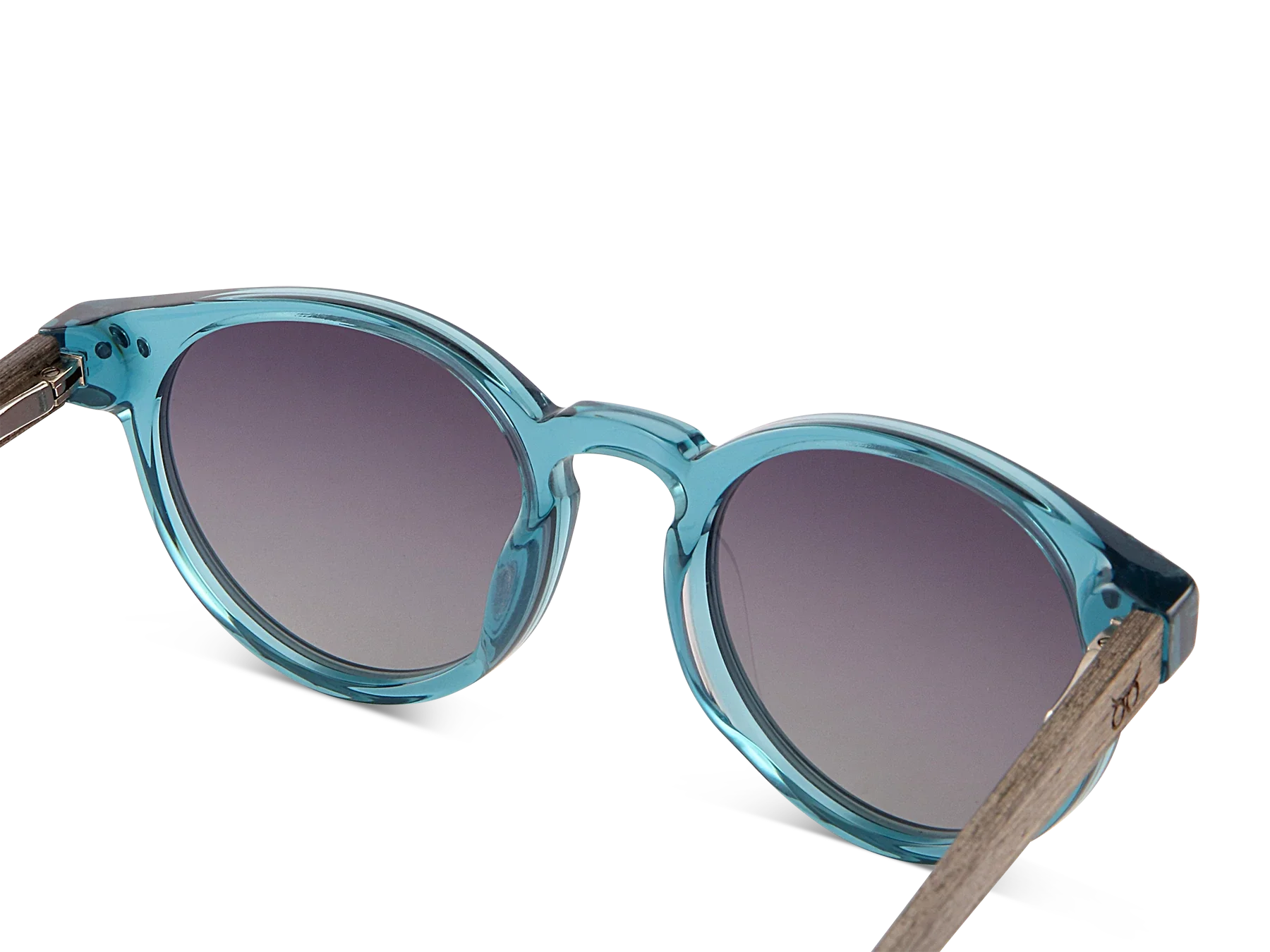 Blue sunglasses with dark lenses on a white background