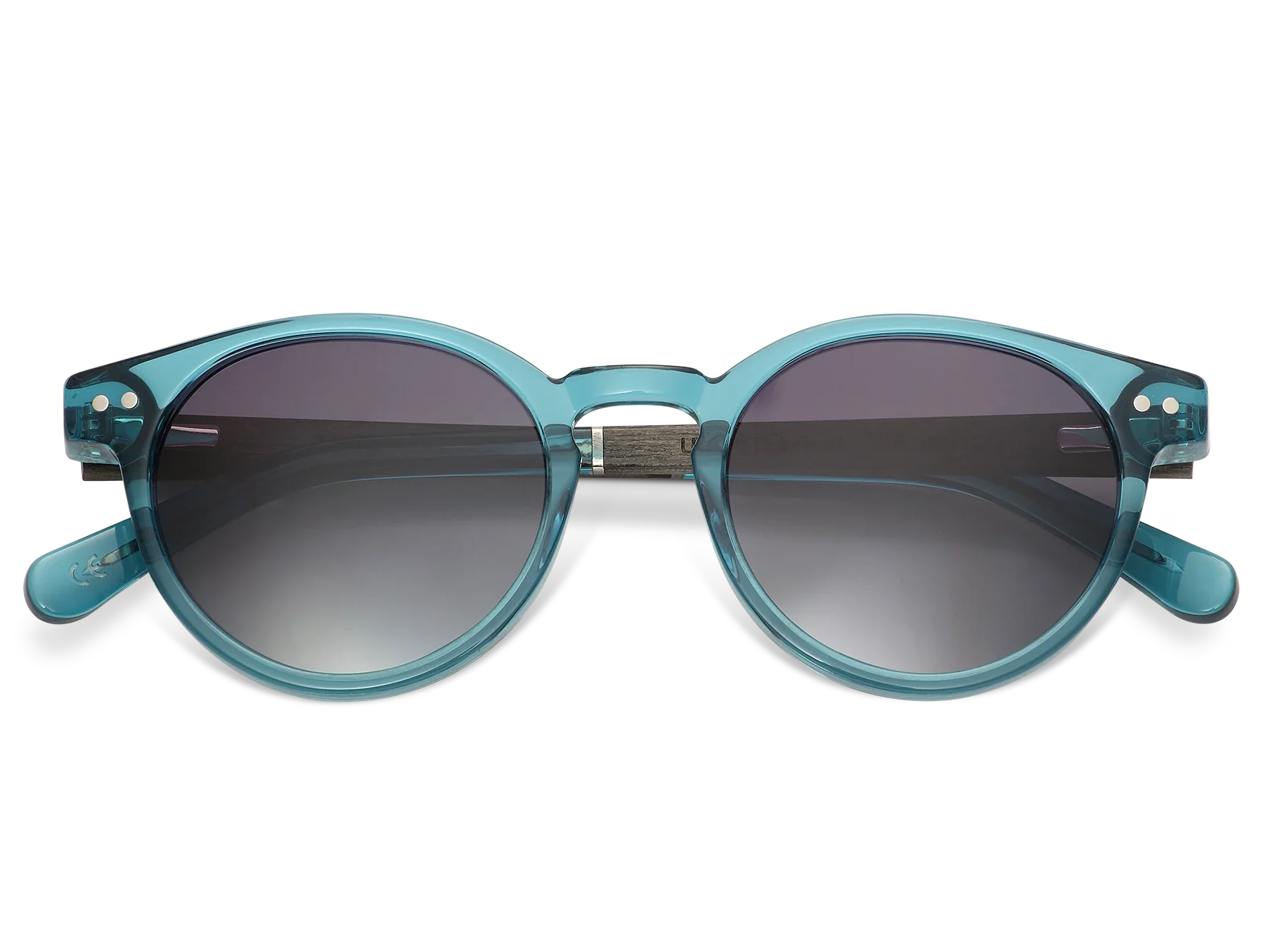 Teal sunglasses with dark lenses on a white background