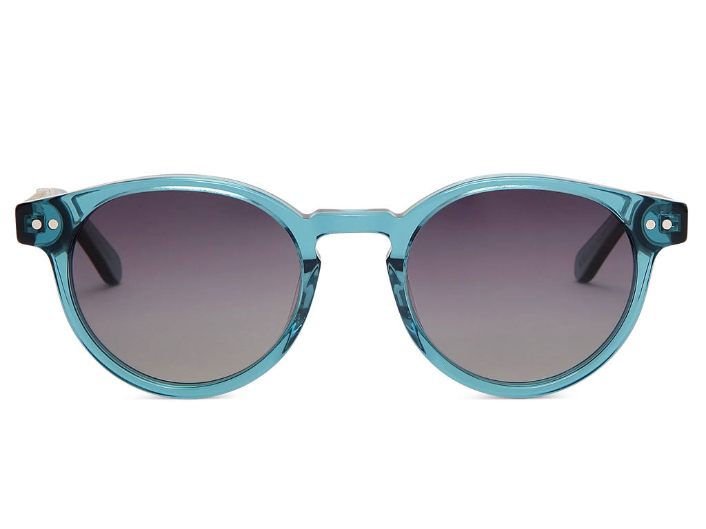 Blue sunglasses with dark lenses on a white background