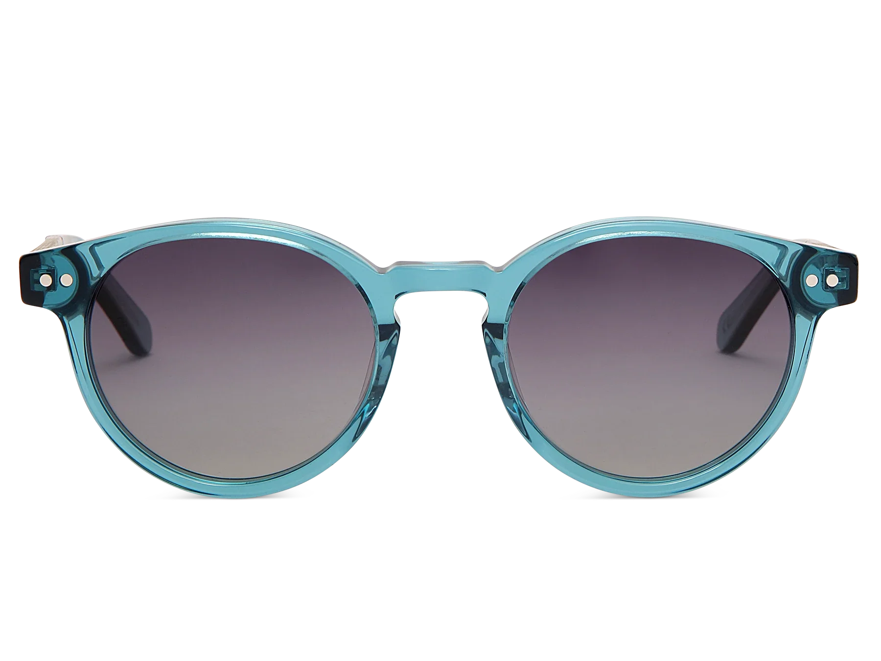 Blue sunglasses with dark lenses on a white background