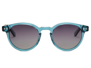 Blue sunglasses with dark lenses on a white background