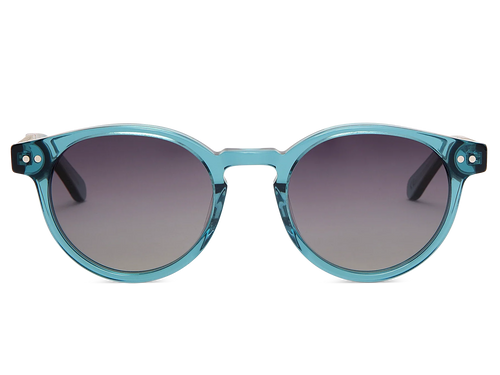 Blue sunglasses with dark lenses on a white background