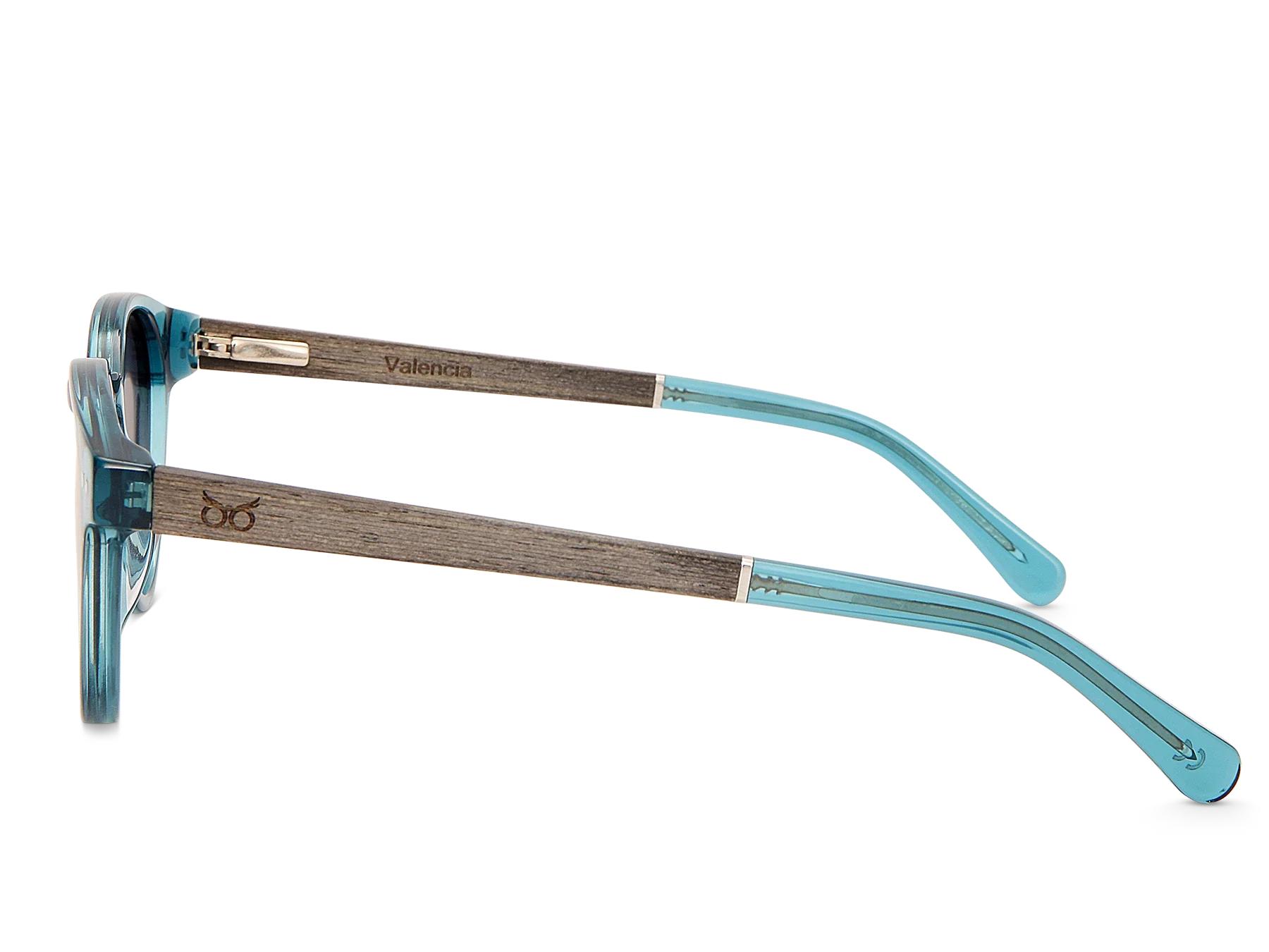 Eyeglasses with blue and brown frame on a white background